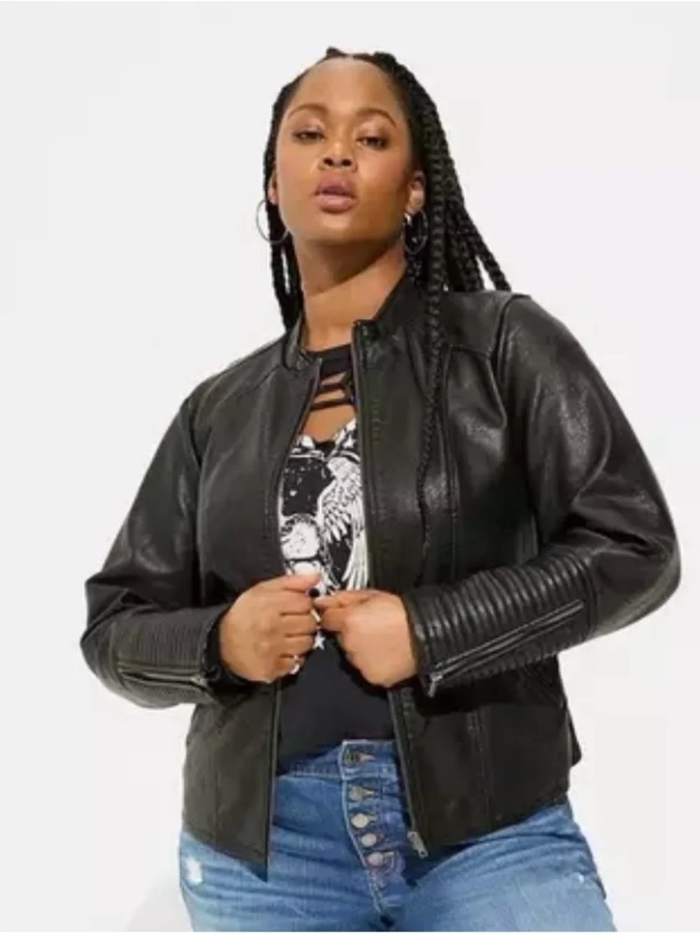 torrid Black Faux Leather Moto Jacket with Quilted Sleeve Detail sz 3X
